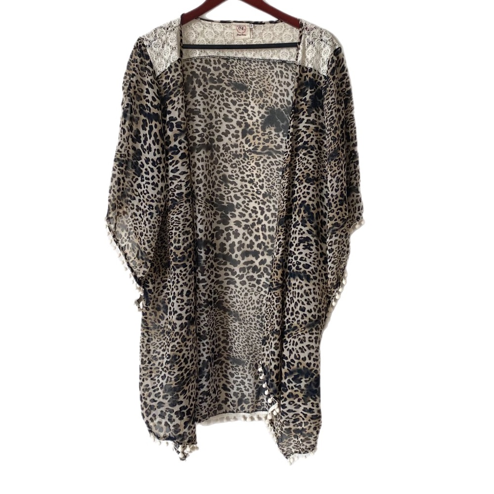 GRACE & EMMA Kimono Topper Cardigan Animal Print Pom Poms Lace Trim Open Plus